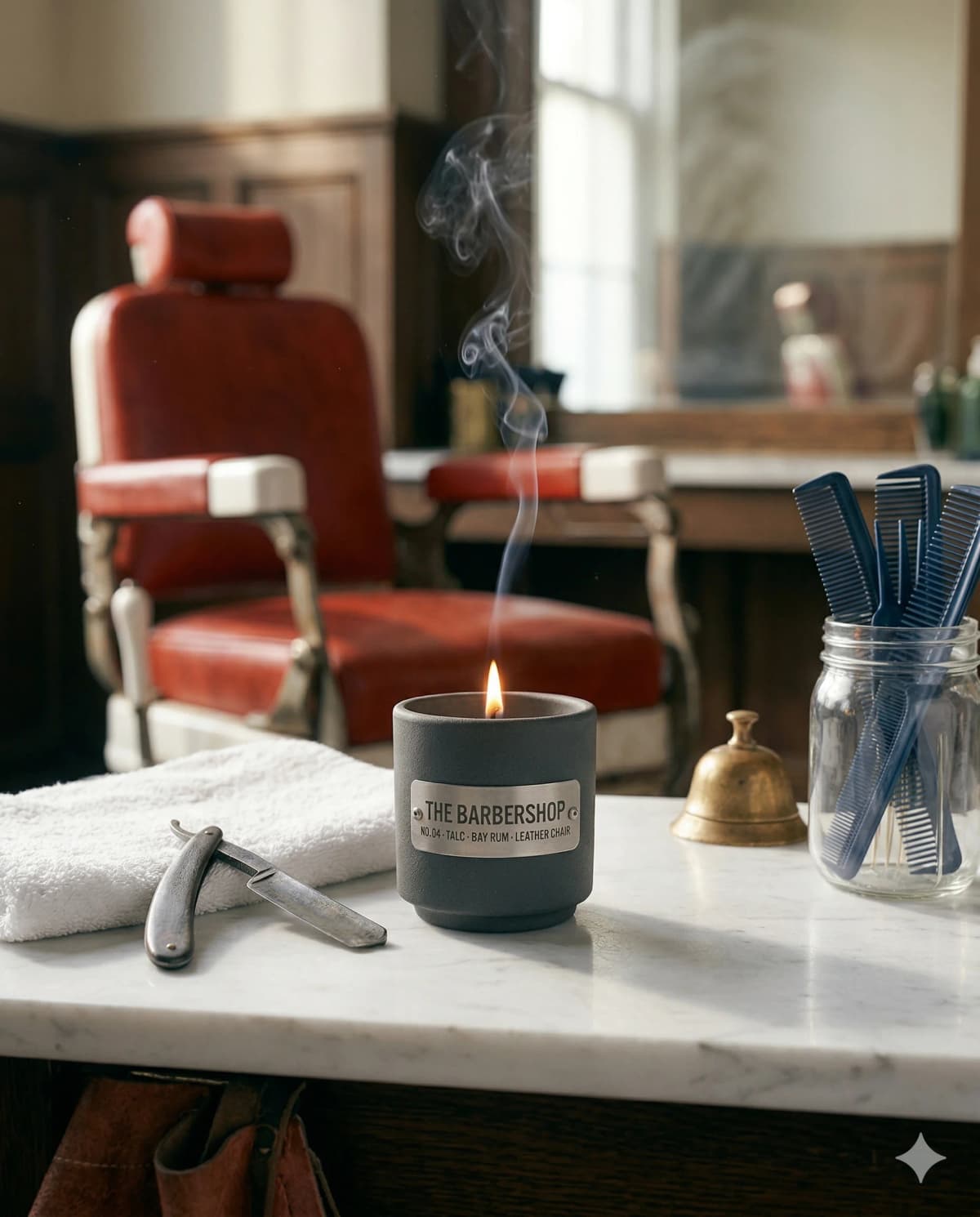 The Barbershop — No. 04 · talc, bay rum, leather chair