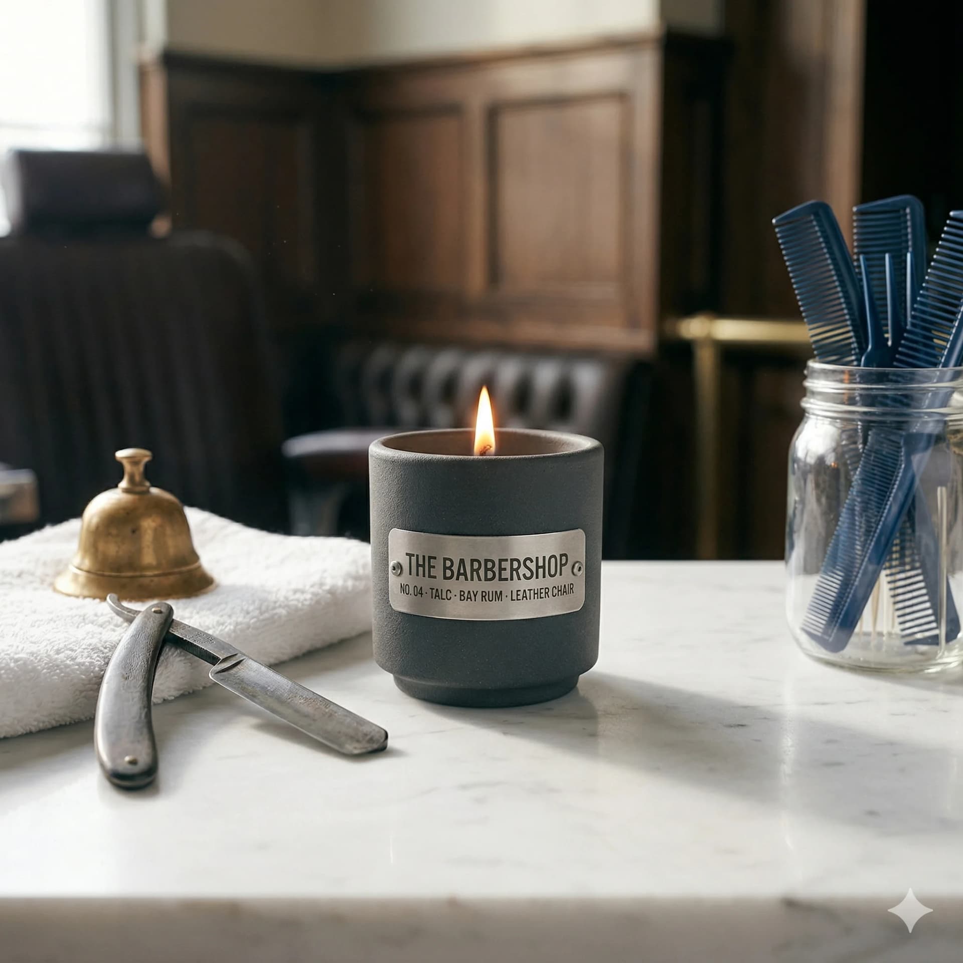 The Barbershop — No. 04 · talc, bay rum, leather chair