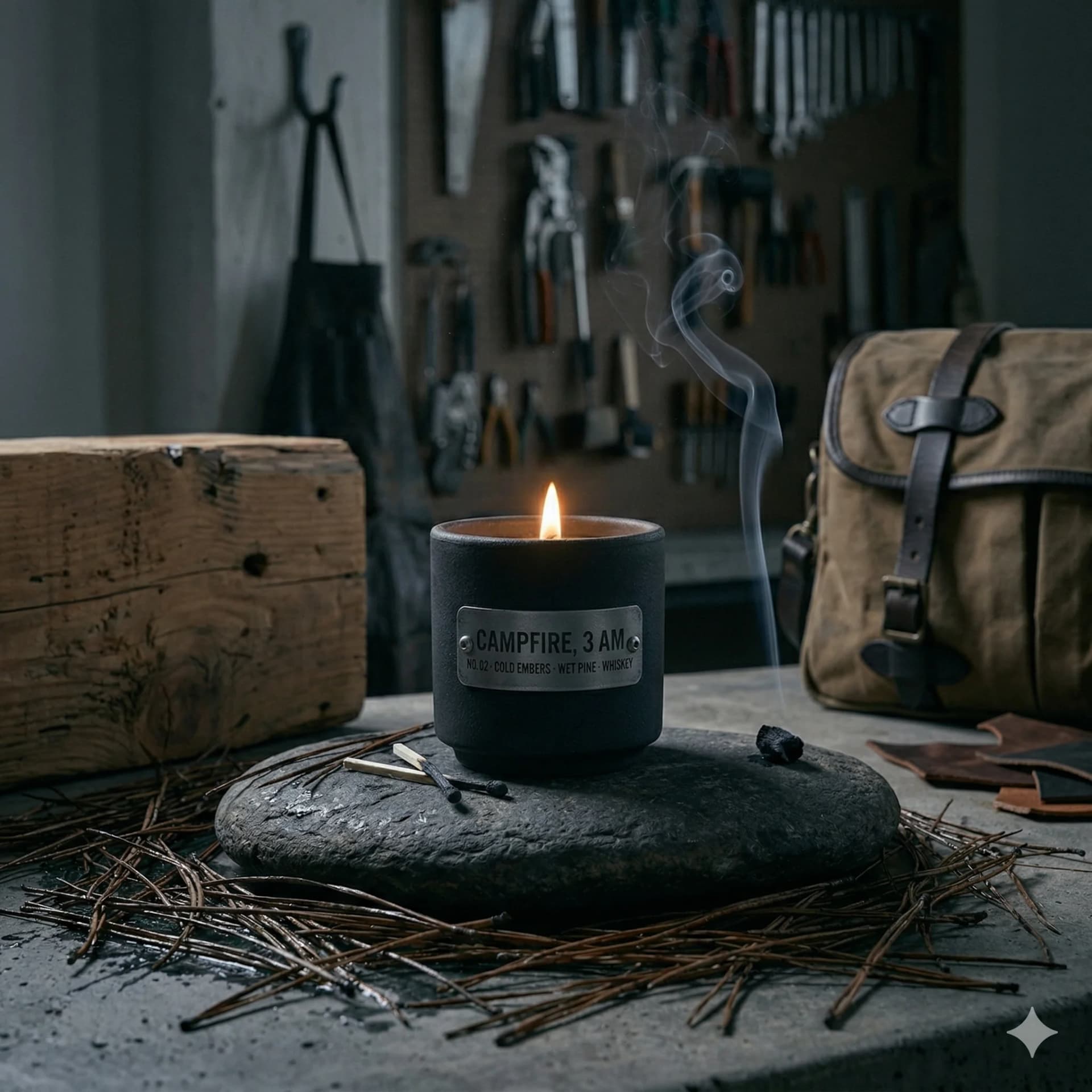 Campfire, 3 AM — No. 02 · cold embers, wet pine, whiskey