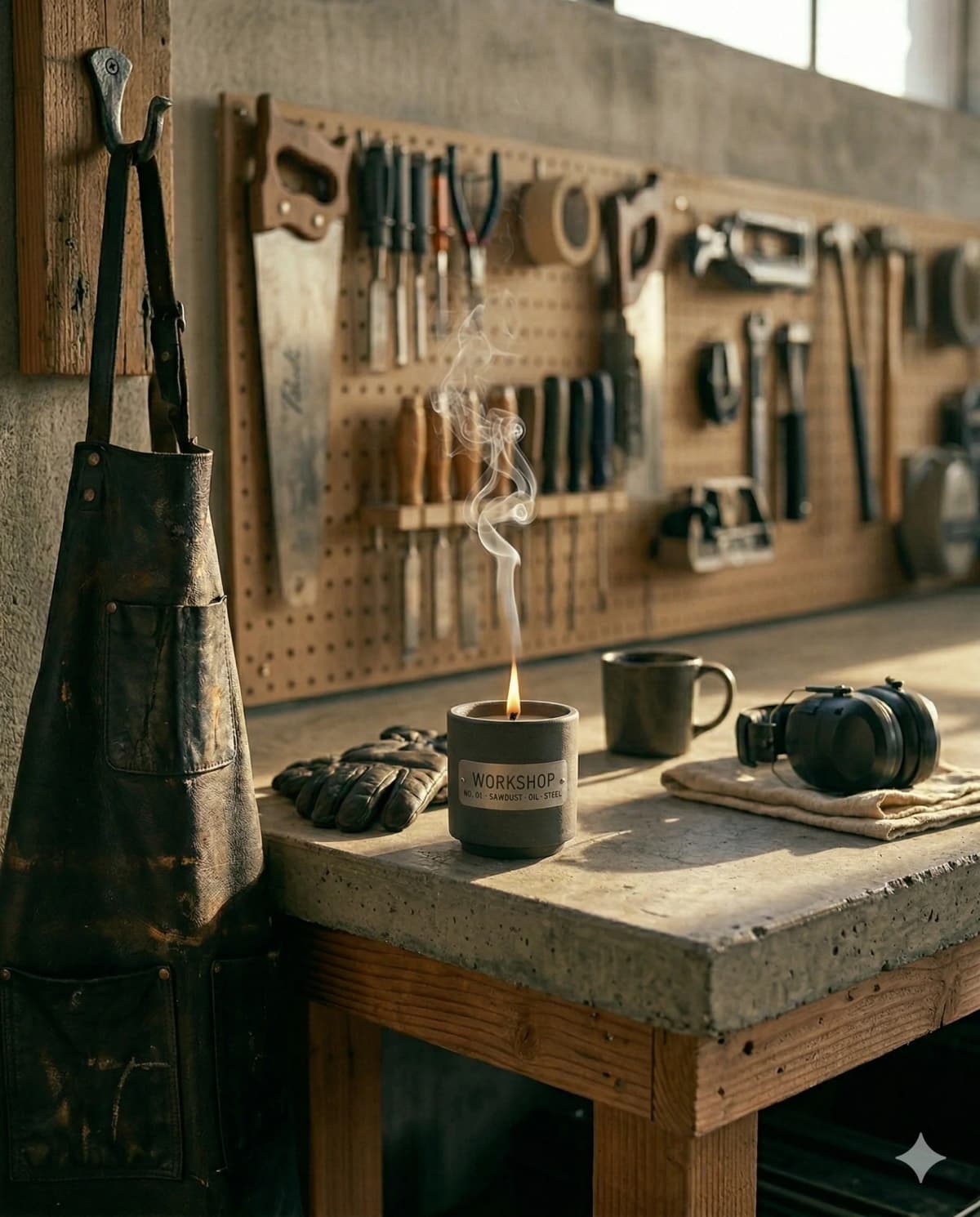 Workshop — No. 01 · sawdust, oil, steel