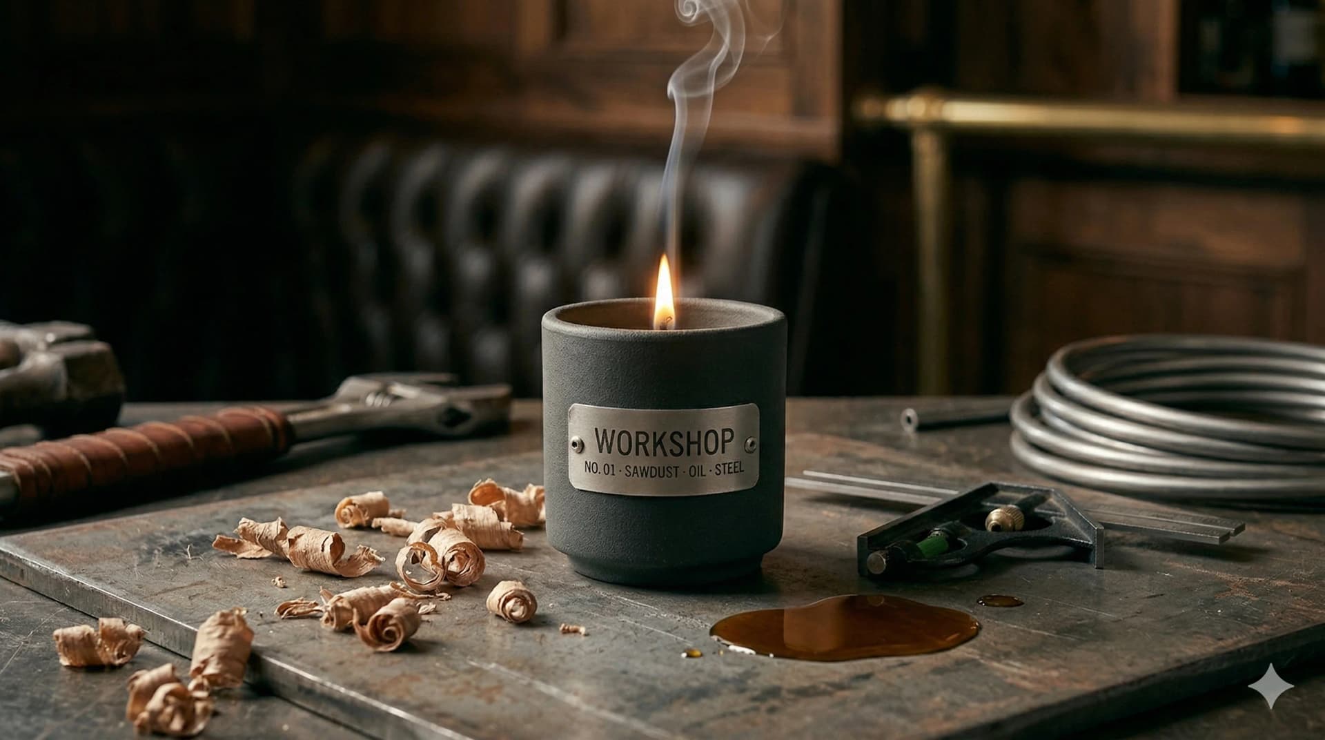 Workshop — No. 01 · sawdust, oil, steel